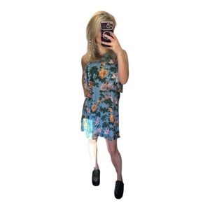 NWT Delfi Collective Floral Print Ruffle Sleeve Mini Dress - Blue &Orange Small